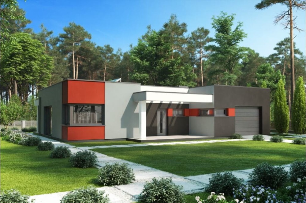 Projekt domu Oliwnik DM-6621 , parterowy, jednorodzinny, nowoczesny, z garażem-kolorystyka wersja 2