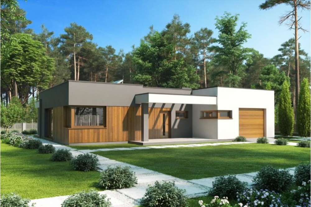 Projekt domu Oliwnik DM-6621 , parterowy, jednorodzinny, nowoczesny, z garażem-kolorystyka wersja 3