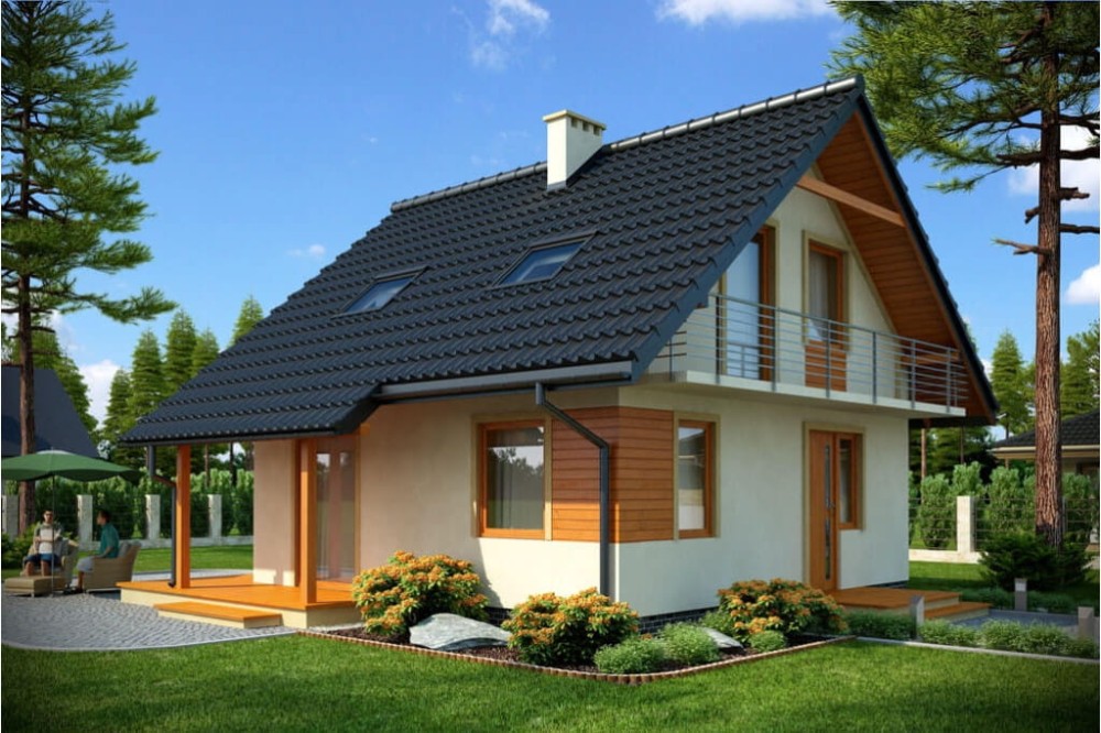 Projekt domu Prądnik DM-6143, parterowy z poddaszem mieszkalnym, częściowo podpiwniczony - kolorystyka wersja 1