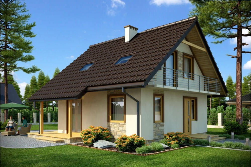 Projekt domu Prądnik DM-6143, parterowy z poddaszem mieszkalnym, częściowo podpiwniczony - kolorystyka wersja 2