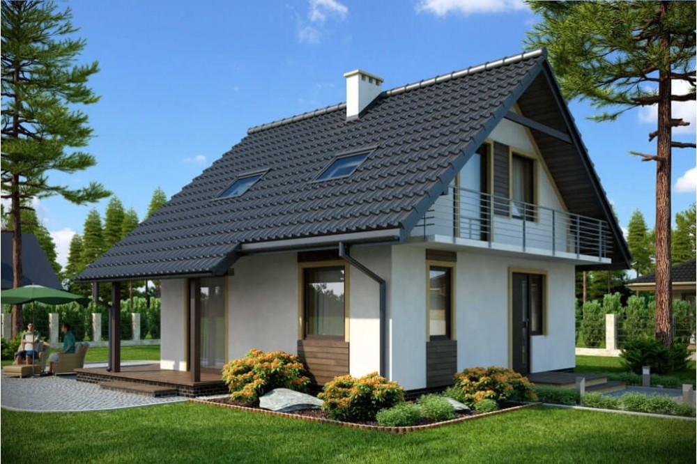 Projekt domu Prądnik DM-6143, parterowy z poddaszem mieszkalnym, częściowo podpiwniczony - kolorystyka wersja 4