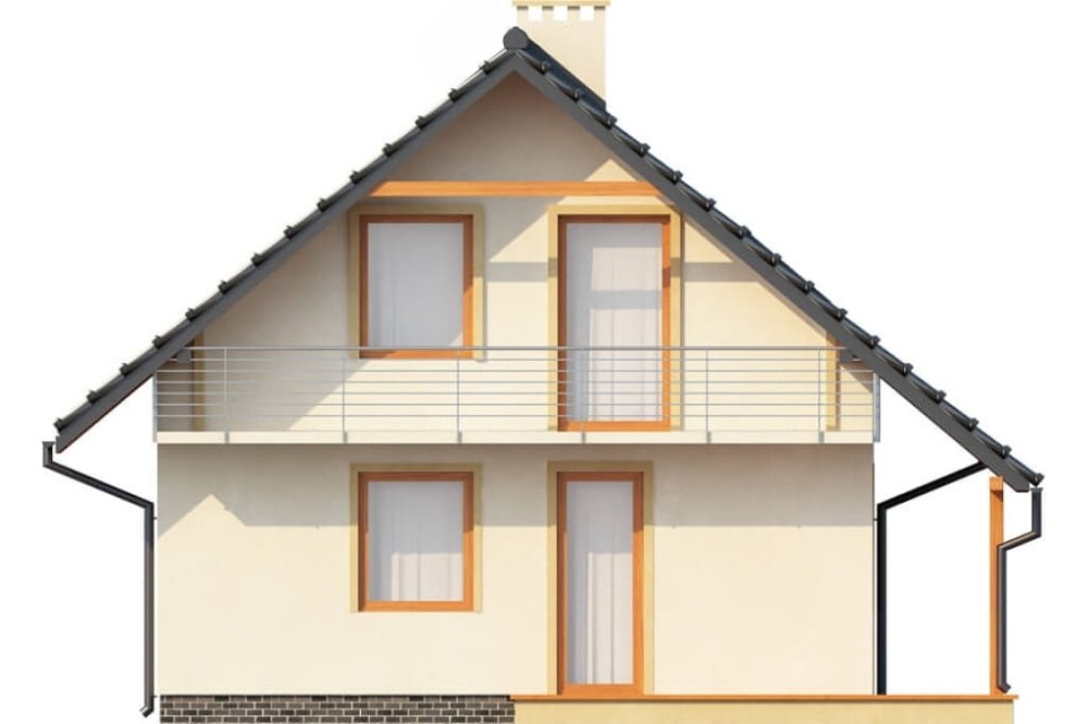 Projekt domu Prądnik DM-6143, parterowy z poddaszem mieszkalnym, częściowo podpiwniczony - wizualizacja elewacji ogrodowej