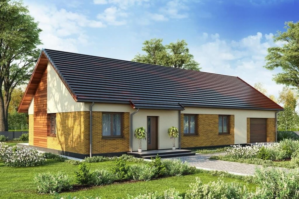 Projekt domu Siódmaczek DM-6678,jednorodzinny, niepodpiwniczony, jednokondygnacyjny z garażem jednostanowiskowym-kolorystyka wersja 2