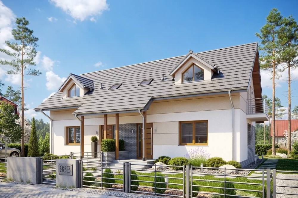 Projekt domu Szakłak B DM-6095 B, mieszkalny w zabudowie bliźniaczej, niepodpiwniczony, z poddaszem użytkowym, bez garażu-kolorystyka wersja 3