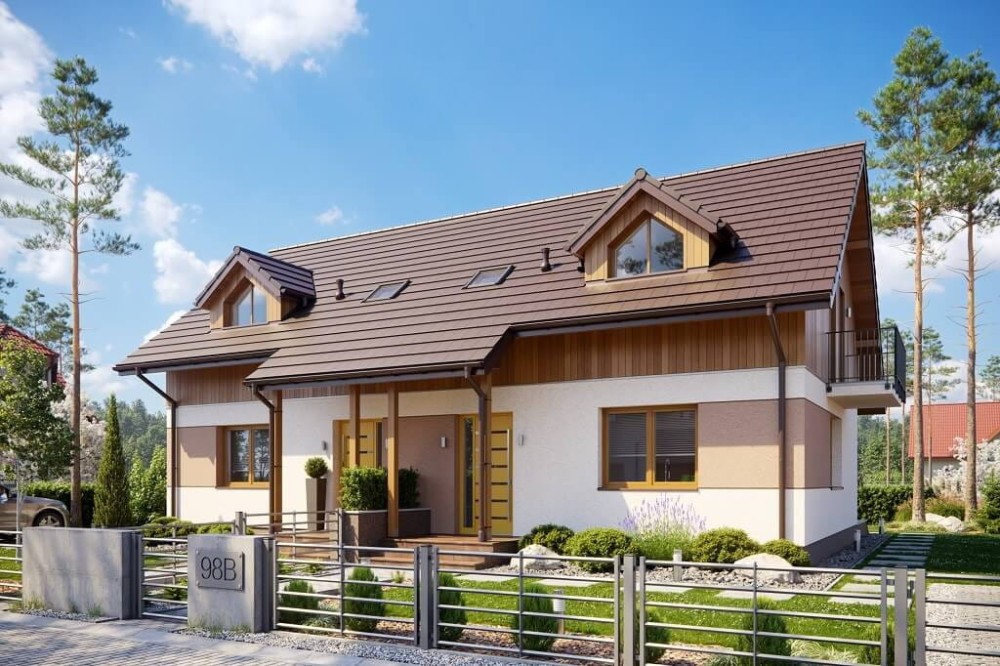 Projekt domu Szakłak B DM-6095 B, mieszkalny w zabudowie bliźniaczej, niepodpiwniczony, z poddaszem użytkowym, bez garażu-kolorystyka wersja 4