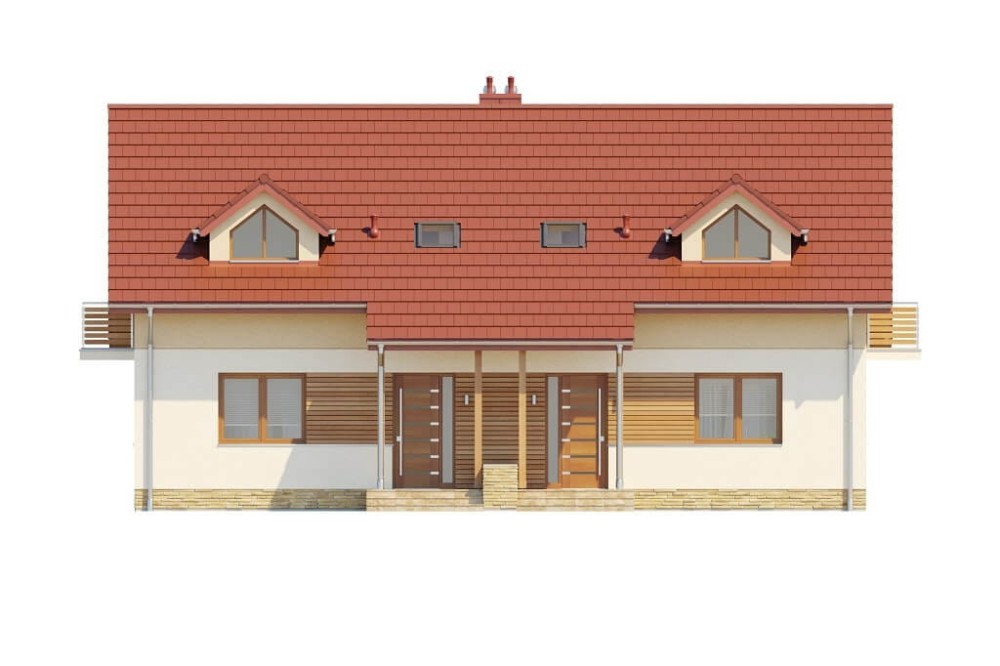Projekt domu Szakłak B DM-6095 B, mieszkalny w zabudowie bliźniaczej, niepodpiwniczony, z poddaszem użytkowym, bez garażu  - elewacja frontowa