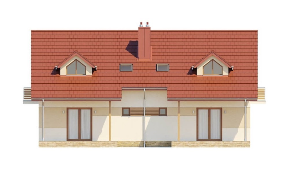 Projekt domu Szakłak B DM-6095 B, mieszkalny w zabudowie bliźniaczej, niepodpiwniczony, z poddaszem użytkowym, bez garażu  - elewacja ogrodowa