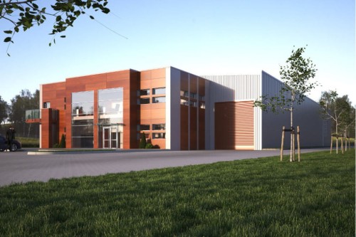 Projekt hali magazynowo-produkcyjnej K-89, hala magazynowa jednokondygnacyjna, część biurowa dwukondygnacyjna, budynek niepodpiwniczony - wizualizacja elewacji