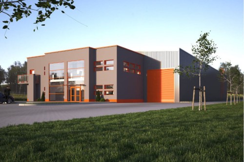 Projekt hali magazynowo-produkcyjnej K-89, hala magazynowa jednokondygnacyjna, część biurowa dwukondygnacyjna, budynek niepodpiwniczony - wizualizacja elewacji
