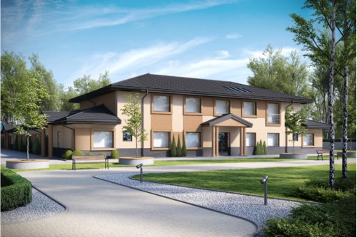 Projekt domu opieki dla osób starszych K-80, parterowy z piętrem na części budynku, niepodpiwniczony - wizualizacja elewacji