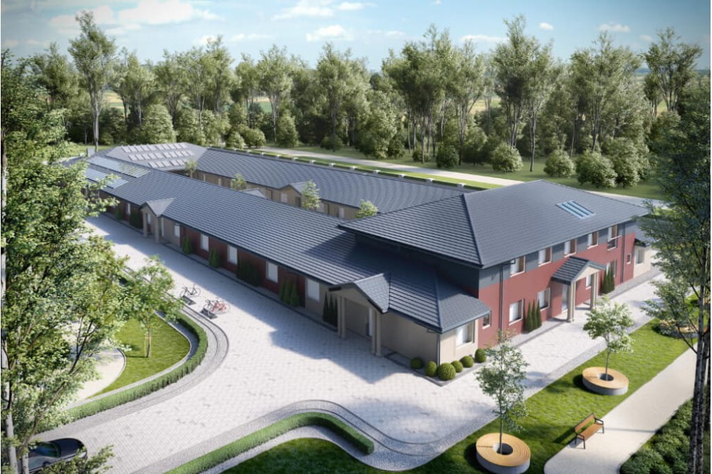 Projekt domu opieki dla osób starszych K-80, parterowy z piętrem na części budynku, niepodpiwniczony - kolorystyka wersja 3