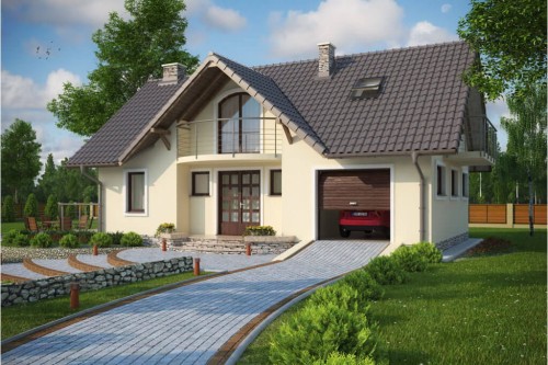 Projekt domu Lasocin C DM-6256 C, parterowy z poddaszem użytkowym, z garażem jednostanowiskowym, niepodpiwniczony-kolorystyka wersja 2
