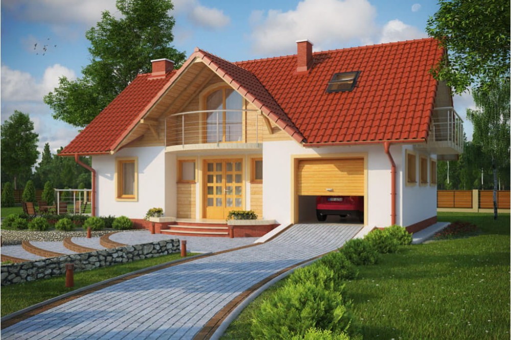 Projekt domu Lasocin C DM-6256 C, parterowy z poddaszem użytkowym, z garażem jednostanowiskowym, niepodpiwniczony-kolorystyka wersja 3