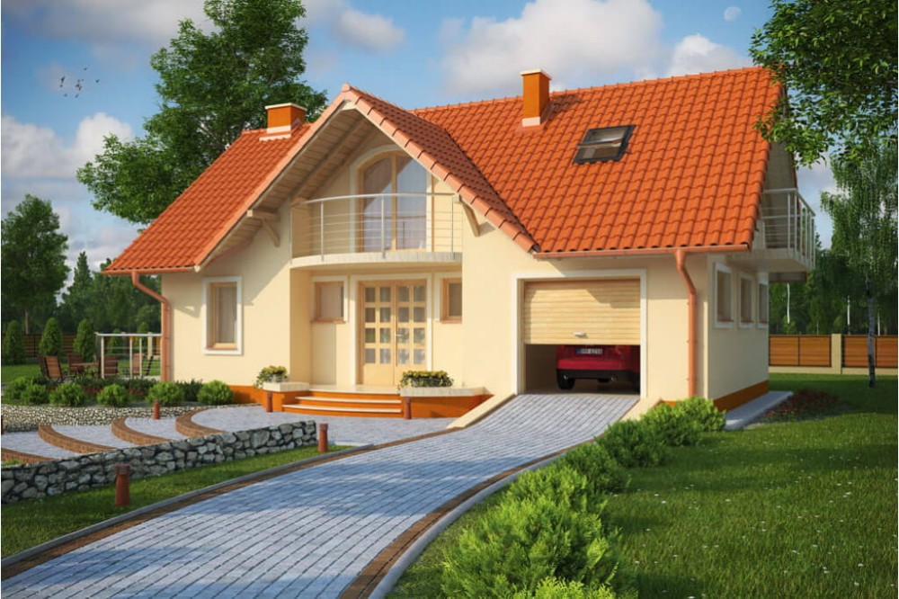 Projekt domu Lasocin C DM-6256 C, parterowy z poddaszem użytkowym, z garażem jednostanowiskowym, niepodpiwniczony-kolorystyka wersja 4