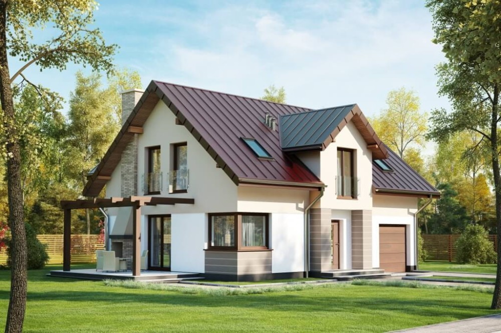 Projekt domu Copaiba 1 DM-6618 , jednorodzinny, parterowy z poddaszem użytkowym i z garażem jednostanowiskowym, bez podpiwniczenia-kolorystyka wersja 2