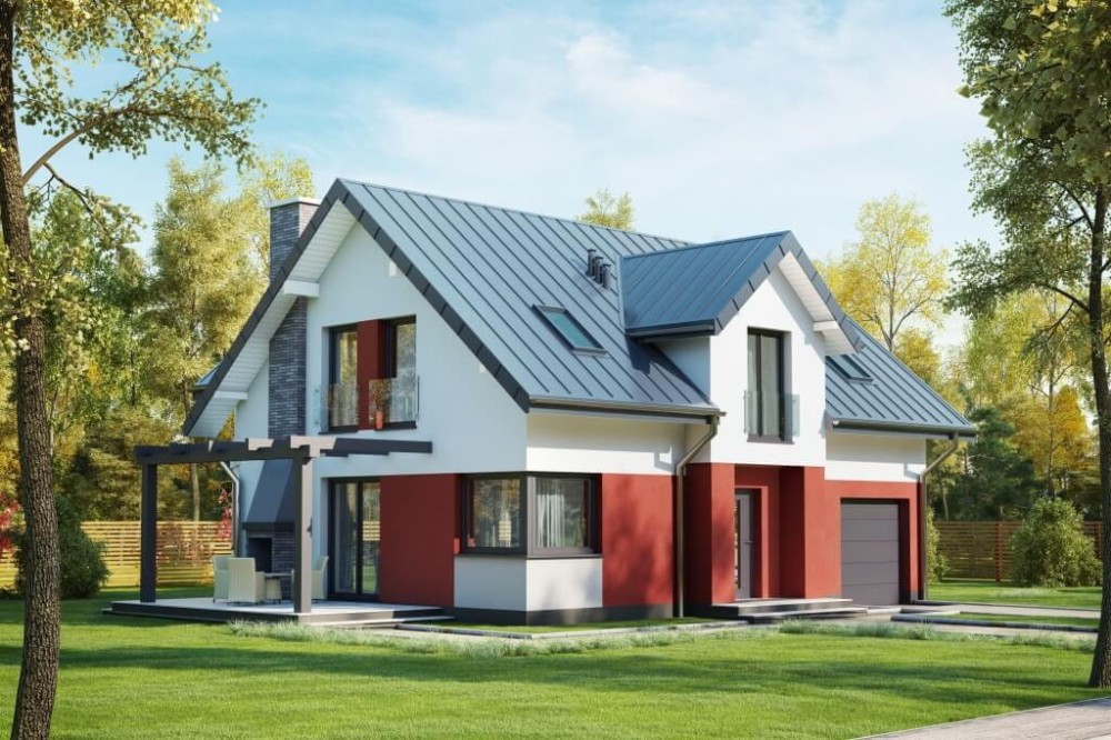 Projekt domu Copaiba 1 DM-6618 , jednorodzinny, parterowy z poddaszem użytkowym i z garażem jednostanowiskowym, bez podpiwniczenia-kolorystyka wersja 3