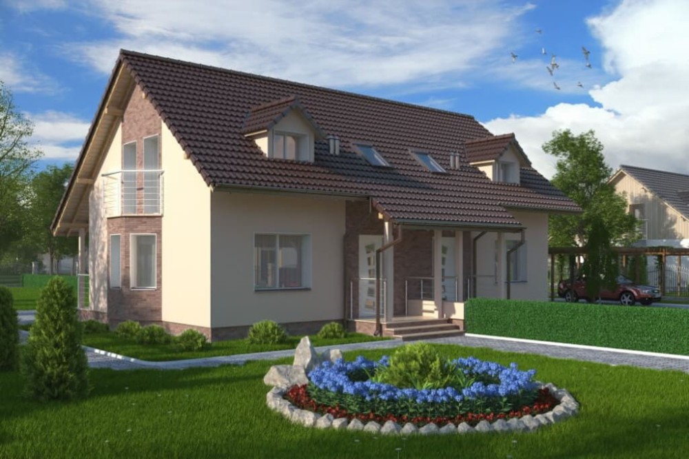 Projekt domu Sarnaki DM-6095, parterowy w zabudowie bliźniaczej z poddaszem mieszkalnym, bez podpiwniczenia - kolorystyka wersja 2
