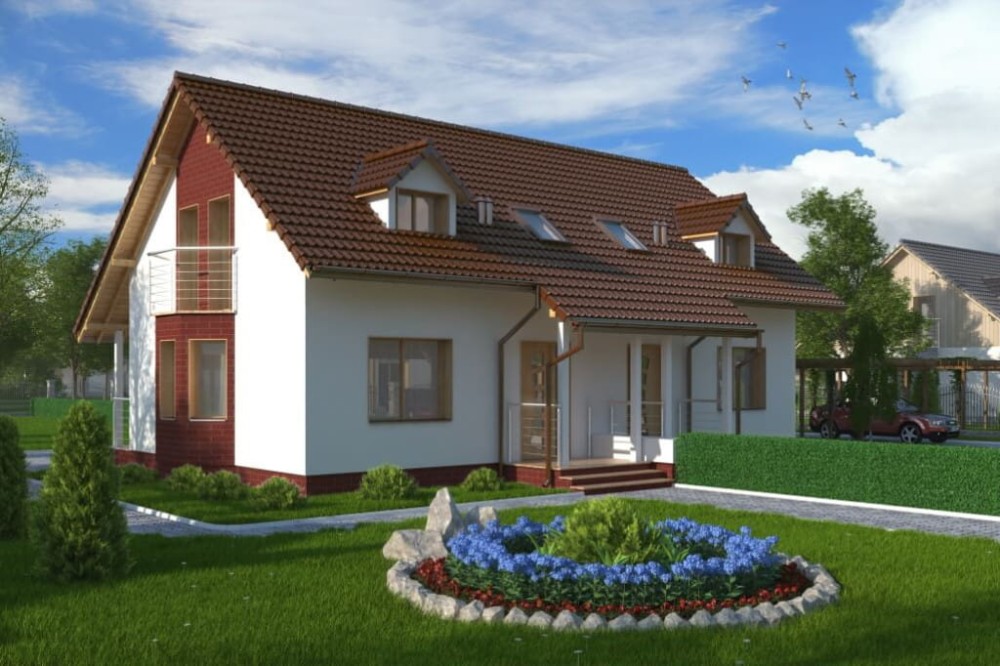 Projekt domu Sarnaki DM-6095, parterowy w zabudowie bliźniaczej z poddaszem mieszkalnym, bez podpiwniczenia - wizualizacja elewacji