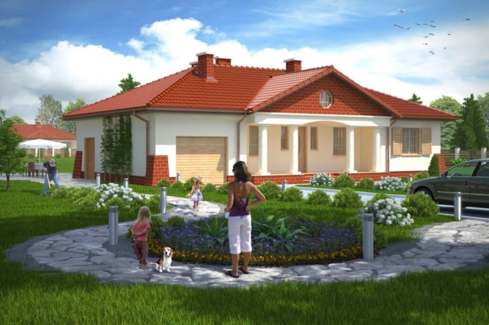 Projekt domu Ludwinów DM-6079, parterowy, jednorodzinny, dworkowy, z garażem, bez podpiwniczenia - kolorystyka wersja 1