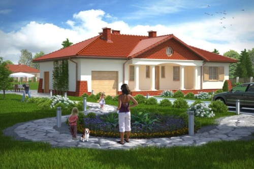 Projekt domu Ludwinów DM-6079, parterowy, jednorodzinny, dworkowy, z garażem, bez podpiwniczenia - kolorystyka wersja 1