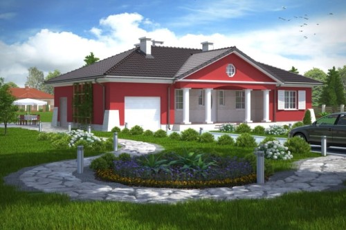 Projekt domu Ludwinów DM-6079, parterowy, jednorodzinny, dworkowy, z garażem, bez podpiwniczenia-kolorystyka wersja 1