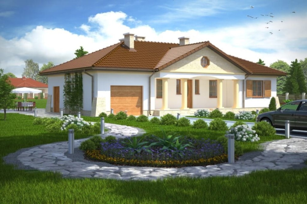 Projekt domu Ludwinów DM-6079, parterowy, jednorodzinny, dworkowy, z garażem, bez podpiwniczenia-kolorystyka wersja 3