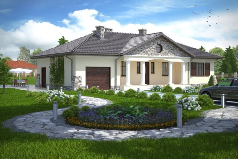 Projekt domu Ludwinów DM-6079, parterowy, jednorodzinny, dworkowy, z garażem, bez podpiwniczenia-kolorystyka wersja 4