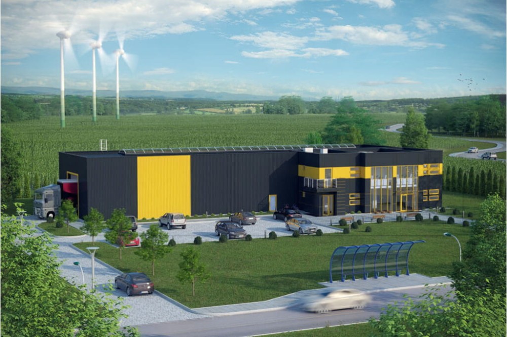 Projekt budynku magazynowo - produkcyjno - biurowego K-53, hala magazynowa jednokondygnacyjna, część biurowa dwukondygnacyjna, niepodpiwniczony - kolorystyka wersja 2