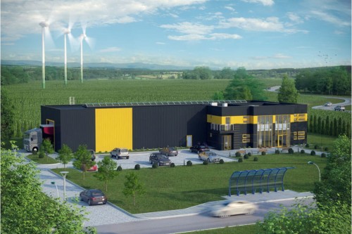 Projekt budynku magazynowo - produkcyjno - biurowego K-53, hala magazynowa jednokondygnacyjna, część biurowa dwukondygnacyjna, niepodpiwniczony - kolorystyka wersja 2