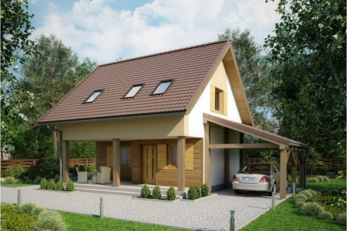 Projekt domu Niezabudka DM-6609, parterowy z wiatą, poddaszem mieszkalnym, bez podpiwniczenia-kolorystyka wersja 1