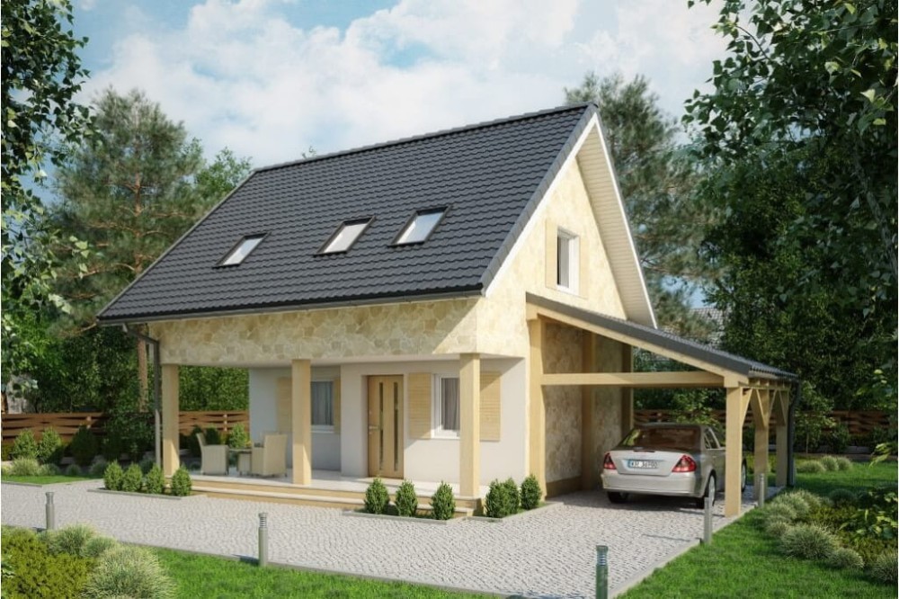 Projekt domu Niezabudka DM-6609, parterowy z wiatą, poddaszem mieszkalnym, bez podpiwniczenia-kolorystyka wersja 2