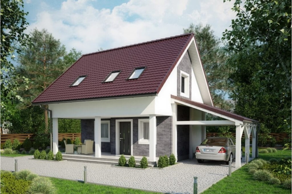 Projekt domu Niezabudka DM-6609, parterowy z wiatą, poddaszem mieszkalnym, bez podpiwniczenia-kolorystyka wersja 3