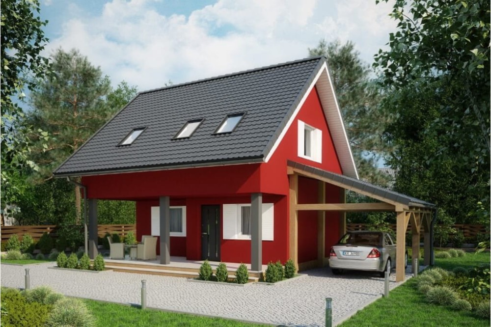 Projekt domu Niezabudka DM-6609, parterowy z wiatą, poddaszem mieszkalnym, bez podpiwniczenia-kolorystyka wersja 4