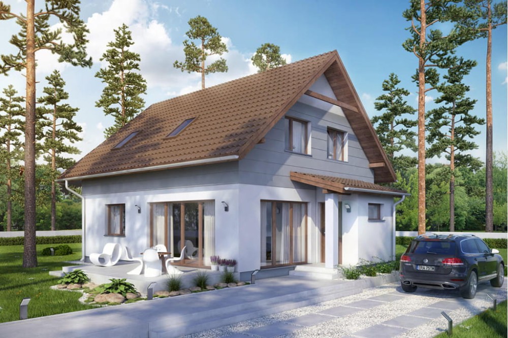 Projekt domu Kroplikowice DM-6592, parterowy z poddaszem mieszkalnym, bez podpiwniczenia, bez garażu - kolorystyka wersja 1