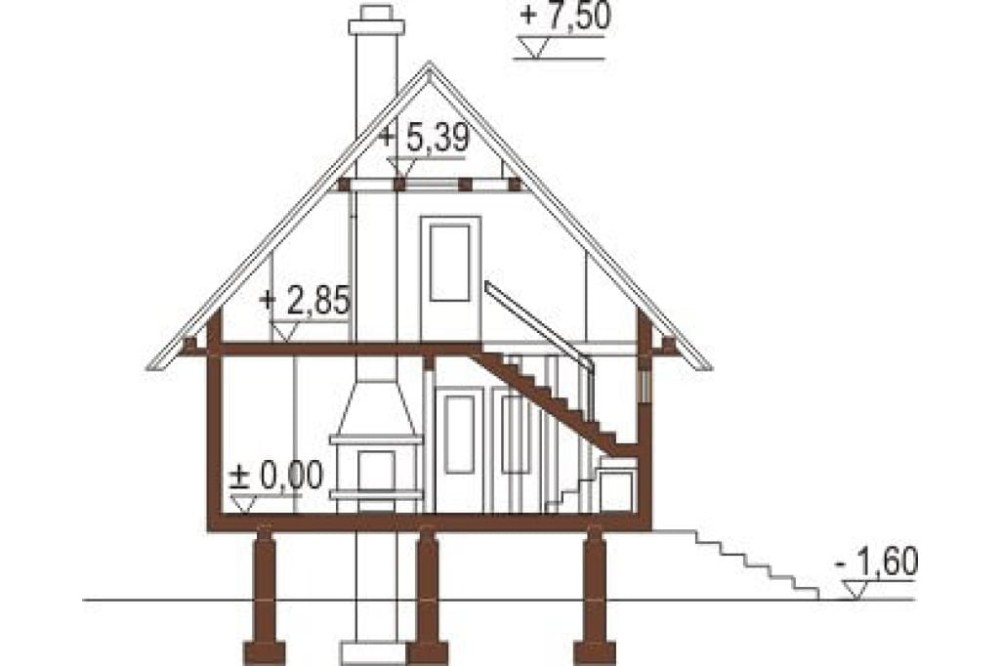 Projekt domu Przeborowo DM-6082, parterowy z poddaszem użytkowym i częściowym podpiwniczeniem, bez garażu  - przekrój A-A