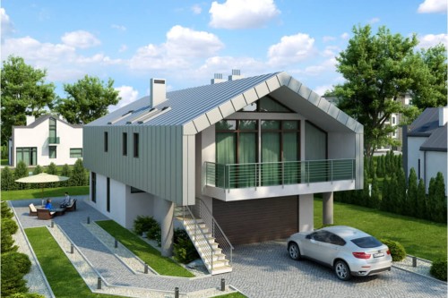 Projekt domu Strojnów DM-6505, parterowy z użytkowym poddaszem, z garażem dwustanowiskowym, bez podpiwniczenia - kolorystyka wersja 2