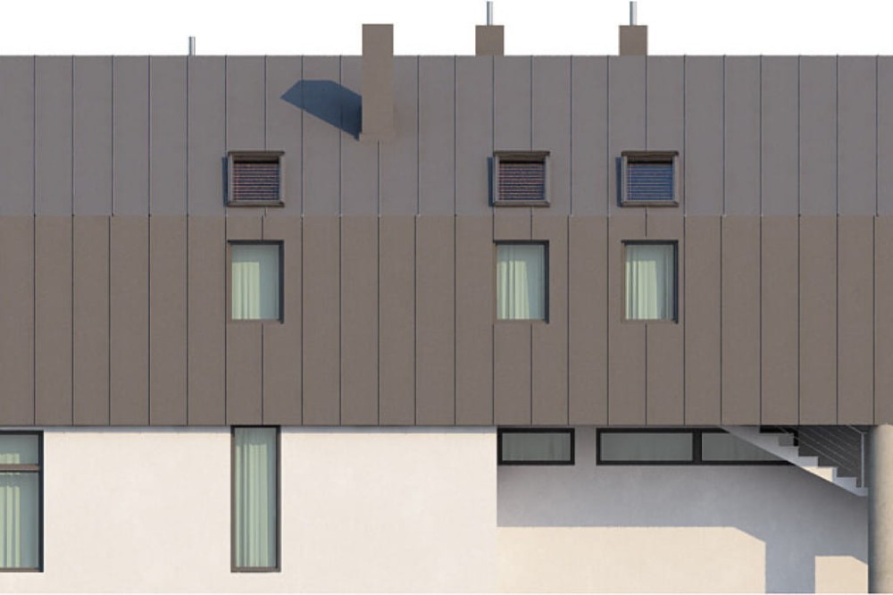 Projekt domu Strojnów DM-6505, parterowy z użytkowym poddaszem, z garażem dwustanowiskowym, bez podpiwniczenia - elewacja lewa