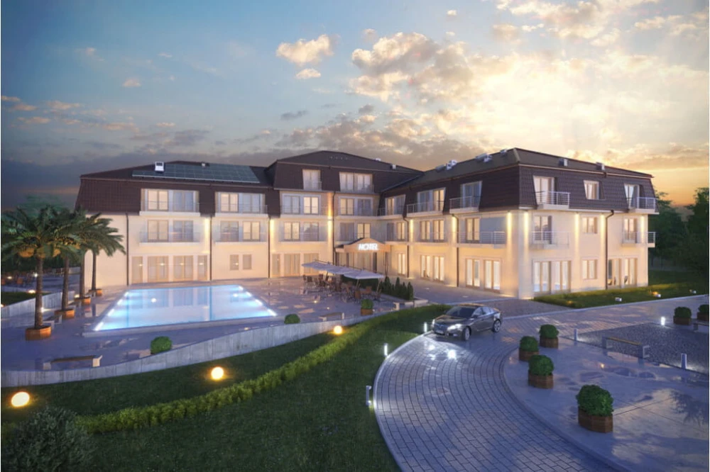 Projekt hotelu K-54, czterokondygnacyjny, niepodpiwniczony, bez garażu - kolorystyka wersja 2