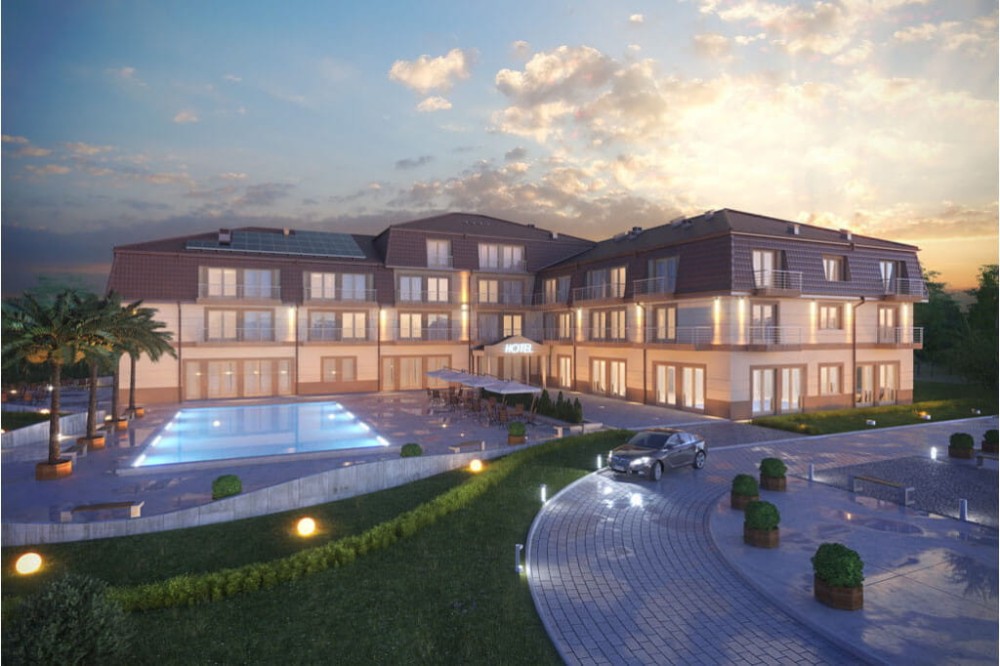 Projekt hotelu K-54, czterokondygnacyjny, niepodpiwniczony, bez garażu - kolorystyka wersja 4