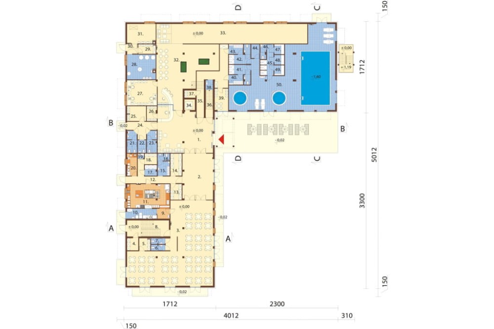 Projekt hotelu K-54, czterokondygnacyjny, niepodpiwniczony, bez garażu - rzut parteru