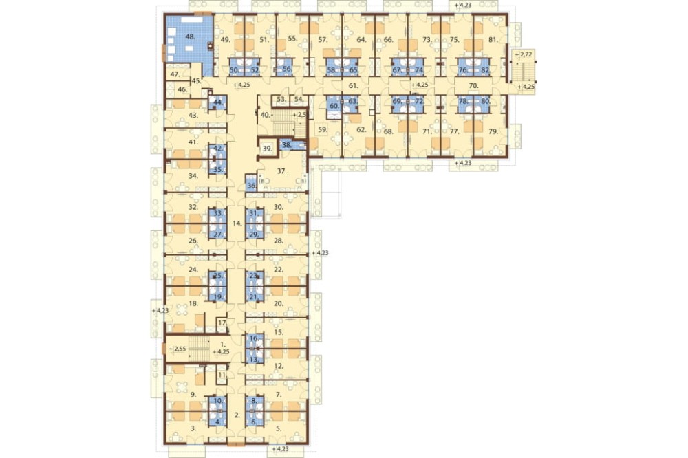 Projekt hotelu K-54, czterokondygnacyjny, niepodpiwniczony, bez garażu - rzut pierwszego piętra