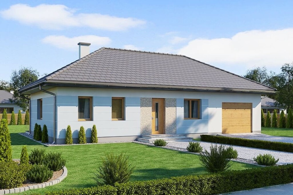 Projekt domu Pozłotka DM-6625, jednorodzinny parterowy, bez podpiwniczenia, z garażem i kotłownią na paliwo stałe-kolorystyka wersja 1