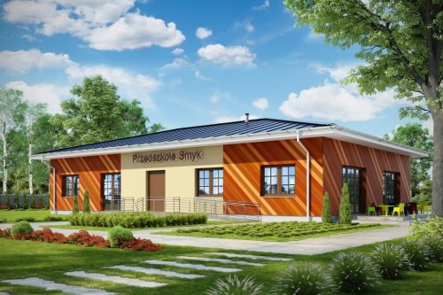Projekt przedszkola K-102, parterowy, niepodpiwniczony - wizualizacja elewacji