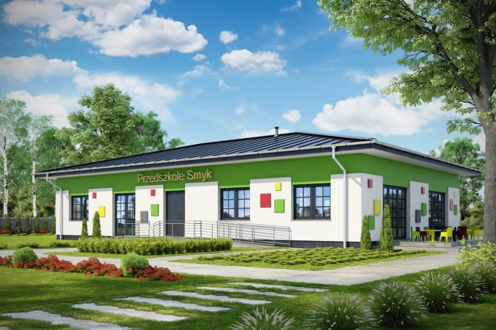 Projekt przedszkola K-102, parterowy, niepodpiwniczony-kolorystyka wersja 3