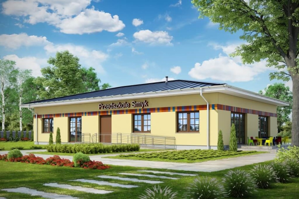 Projekt przedszkola K-102, parterowy, niepodpiwniczony-kolorystyka wersja 4