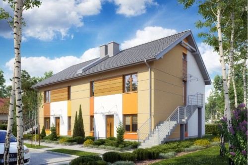 Projekt domu Stokrotek DM-6567, Budynek czteromieszkaniowy, bliźniaczy, po dwa mieszkania w każdym segmencie, piętrowy, niepodpiwniczony, bez garażu-kolorystyka wersja 1