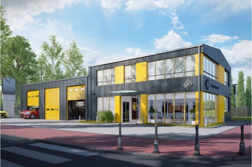 Projekt serwisu samochodowego K-66, parterowy, z poddaszem użytkowym, niepodpiwniczony - wizualizacja elewacji