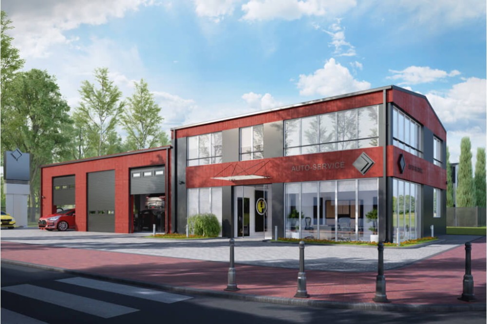 Projekt serwisu samochodowego K-66, parterowy, z poddaszem użytkowym, niepodpiwniczony - wizualizacja elewacji