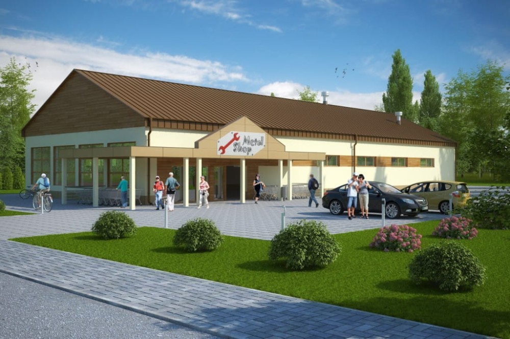 Projekt sklepu samoobsługowego K-51, parterowy, niepodpiwniczony - kolorystyka wersja 1