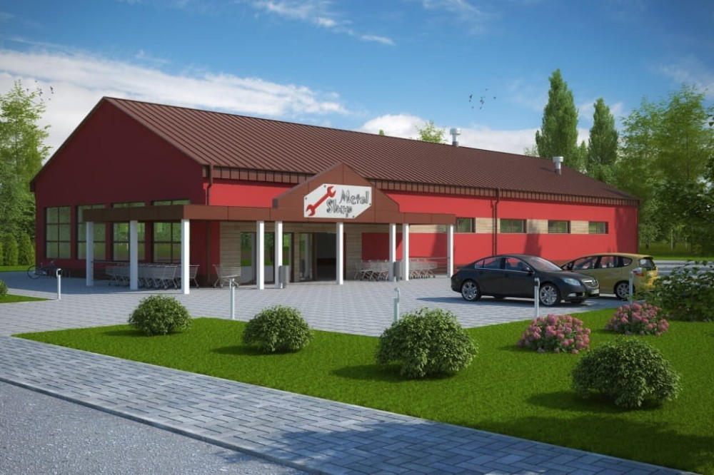 Projekt sklepu samoobsługowego K-51, parterowy, niepodpiwniczony - kolorystyka wersja 2